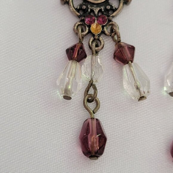 Boho Antique Gold Dangling Earrings With Purple & Clear Beads Teardrop Design Ho - Picture 2 of 6